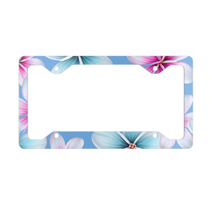 Hawaii Plumeria Print Light Blue Background - Metal License Plate Frame, Hawaii License Plate Frame