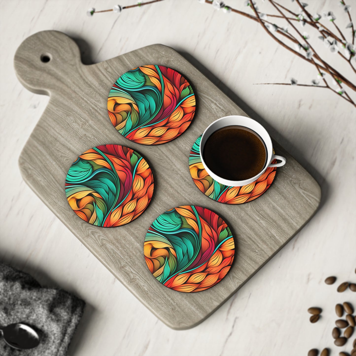 Colorful Leaves Pattern Boho Coasters