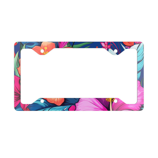 Hawaii Floral Print Dark Blue Background - Metal License Plate Frame, Hawaii License Plate Frame