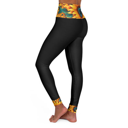 Sunflowers Print High Waisted Black Yoga Leggings (AOP)