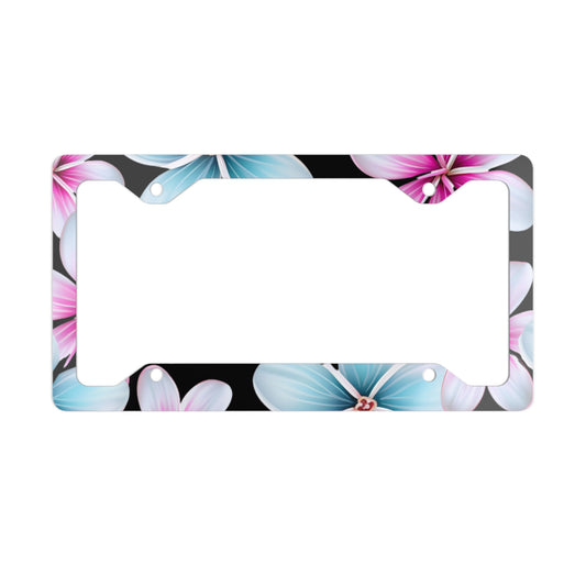 Hawaii Plumeria Print Black Background - Metal License Plate Frame, Hawaii License Plate Frame