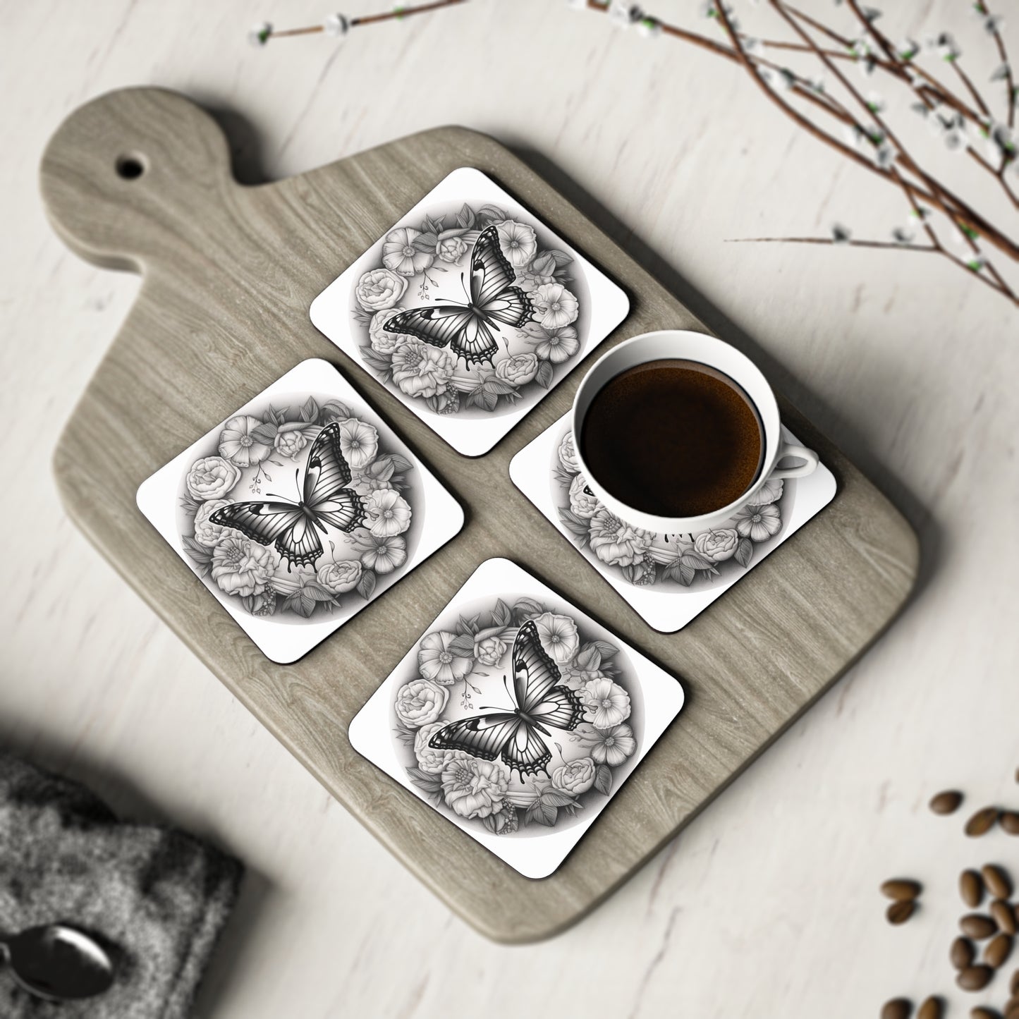 Black and White Monarch Butterfly Coasters, Boho Coasters