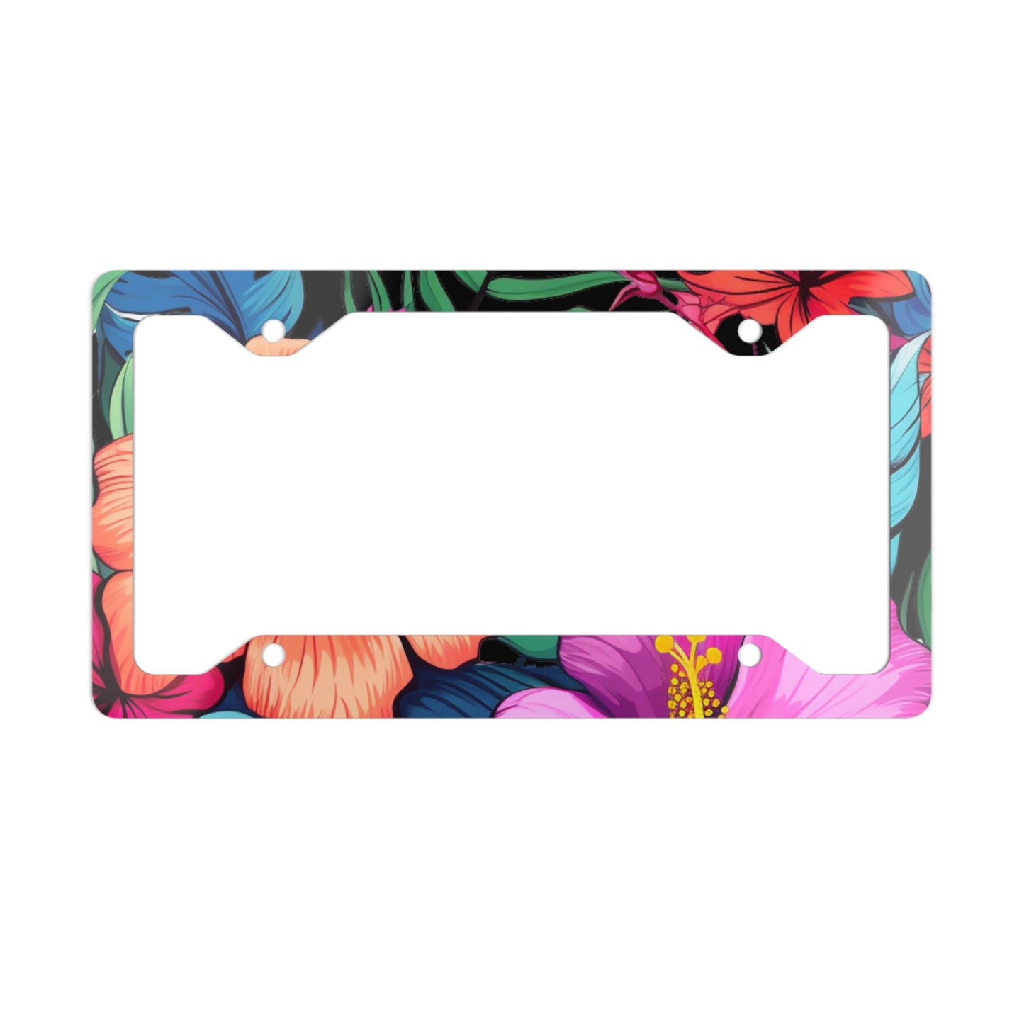 Hawaii Floral Print Black Background Metal License Plate Frame - Hawaii License Plate Frame