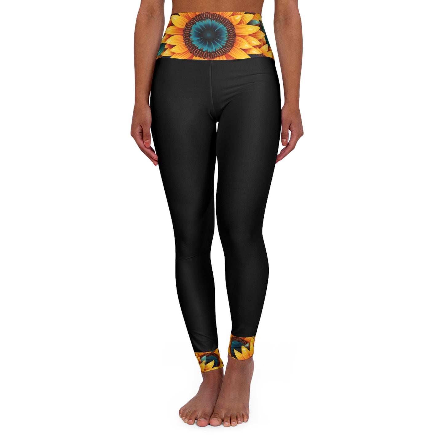 Sunflowers Print High Waisted Black Yoga Leggings (AOP)