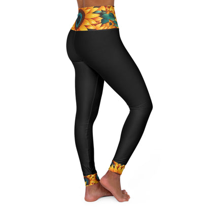 Sunflowers Print High Waisted Black Yoga Leggings (AOP)