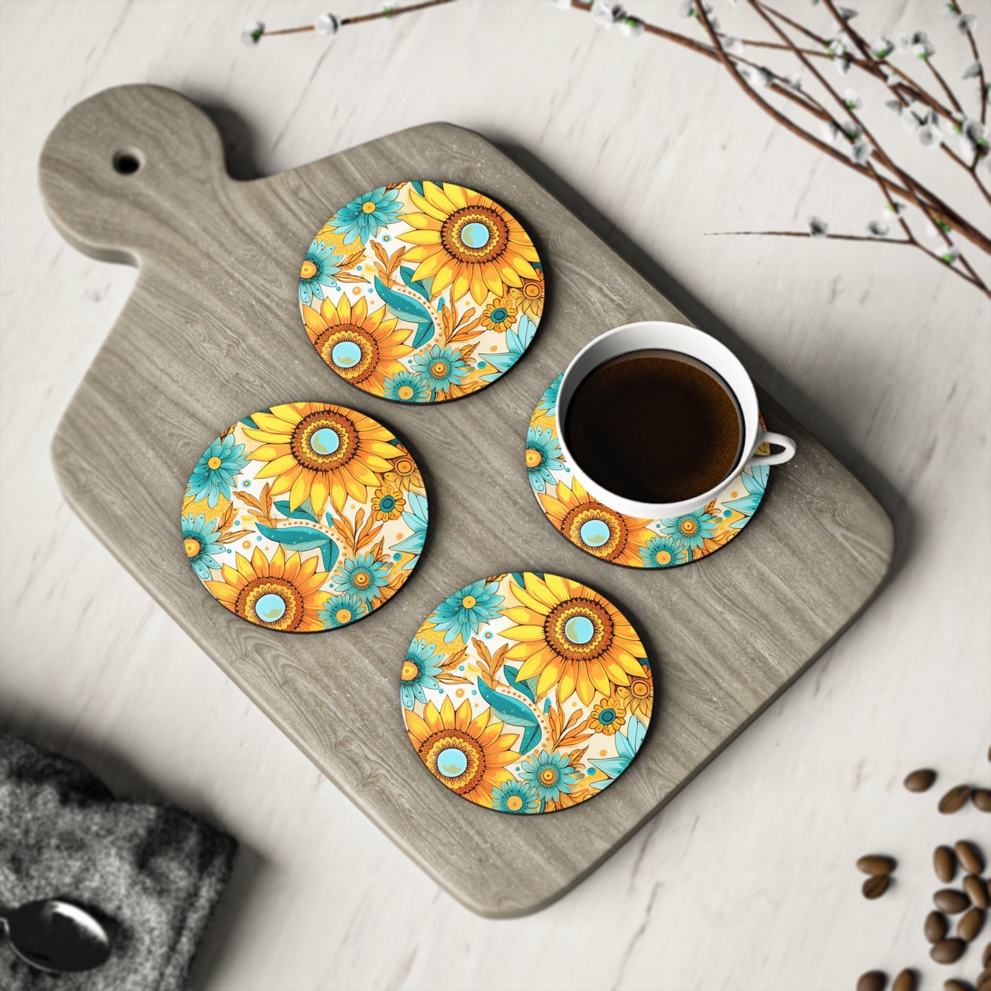 Sunflower Print II Coasters, Flower Coasters